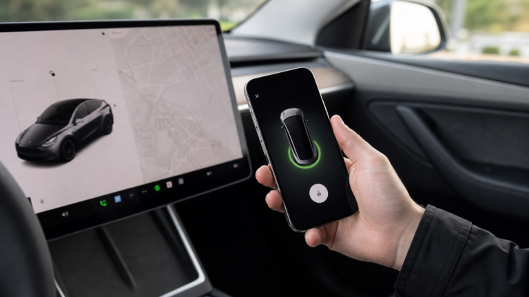Smartphone phone key setup inside a Tesla-style EV interior