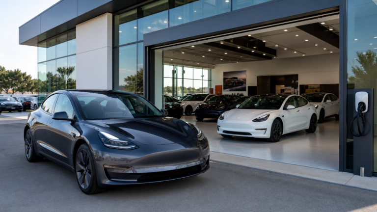 Tesla-style EV showroom with electric vehicles for new or used buying guide